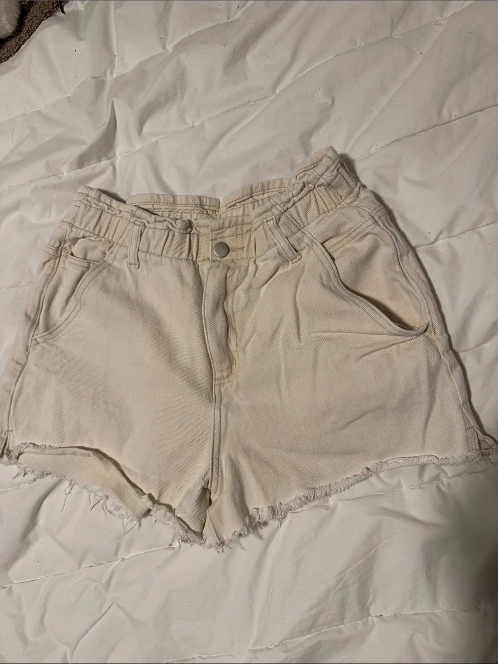 High-Rise Cream Denim Jean Shorts with Frayed Hem